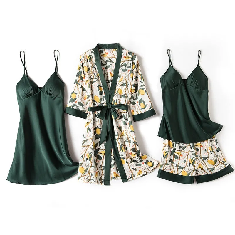 4 Pcs Women Set Sexy Pajamas Sleepwear Sleep Lounge With Chest Pads