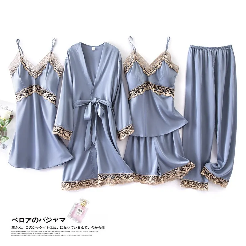 4 Pcs Women Set Sexy Pajamas Sleepwear Sleep Lounge With Chest Pads