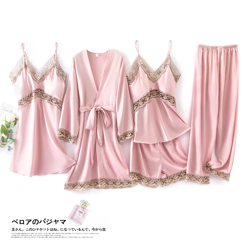 4 Pcs Women Set Sexy Pajamas Sleepwear Sleep Lounge With Chest Pads