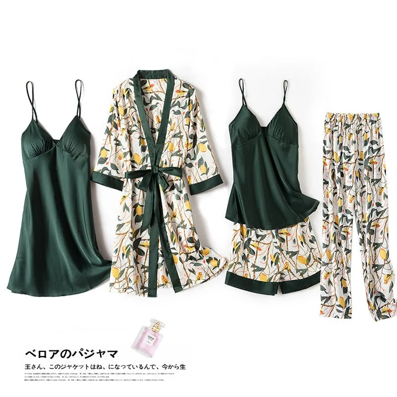 4 Pcs Women Set Sexy Pajamas Sleepwear Sleep Lounge With Chest Pads
