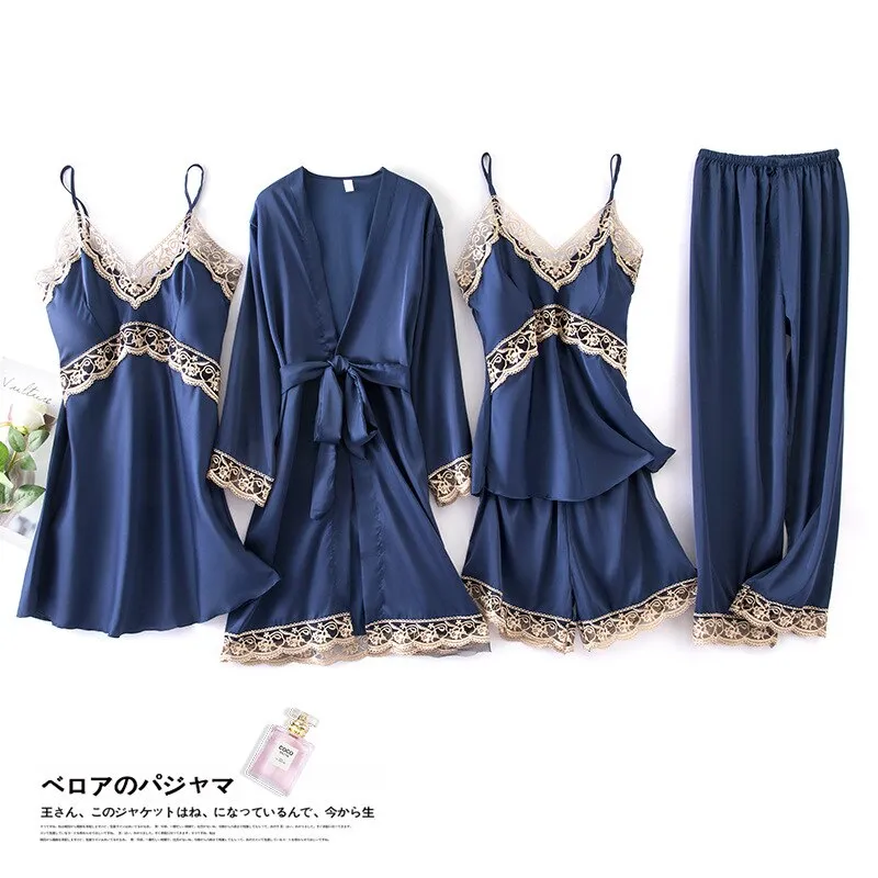 4 Pcs Women Set Sexy Pajamas Sleepwear Sleep Lounge With Chest Pads