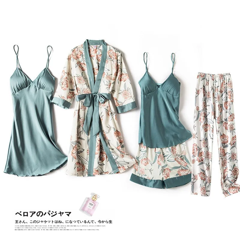 4 Pcs Women Set Sexy Pajamas Sleepwear Sleep Lounge With Chest Pads