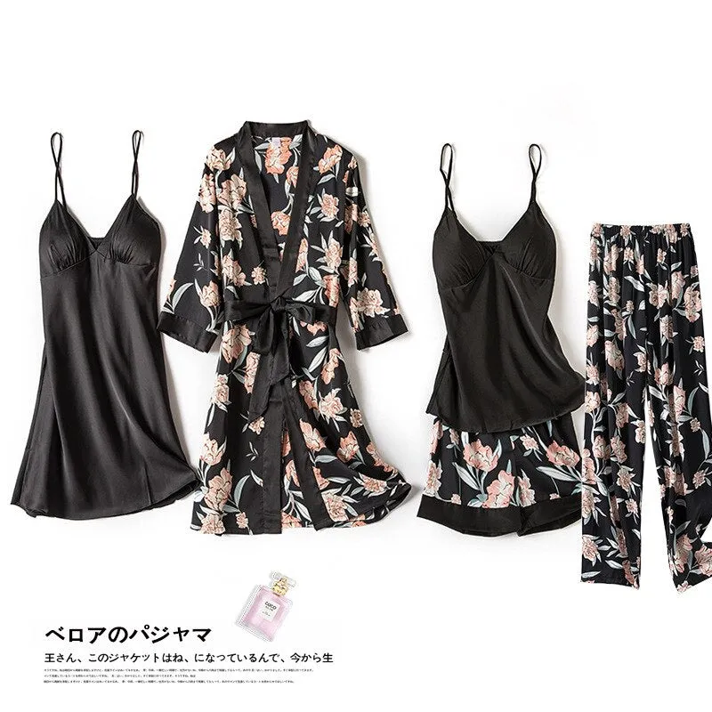 4 Pcs Women Set Sexy Pajamas Sleepwear Sleep Lounge With Chest Pads