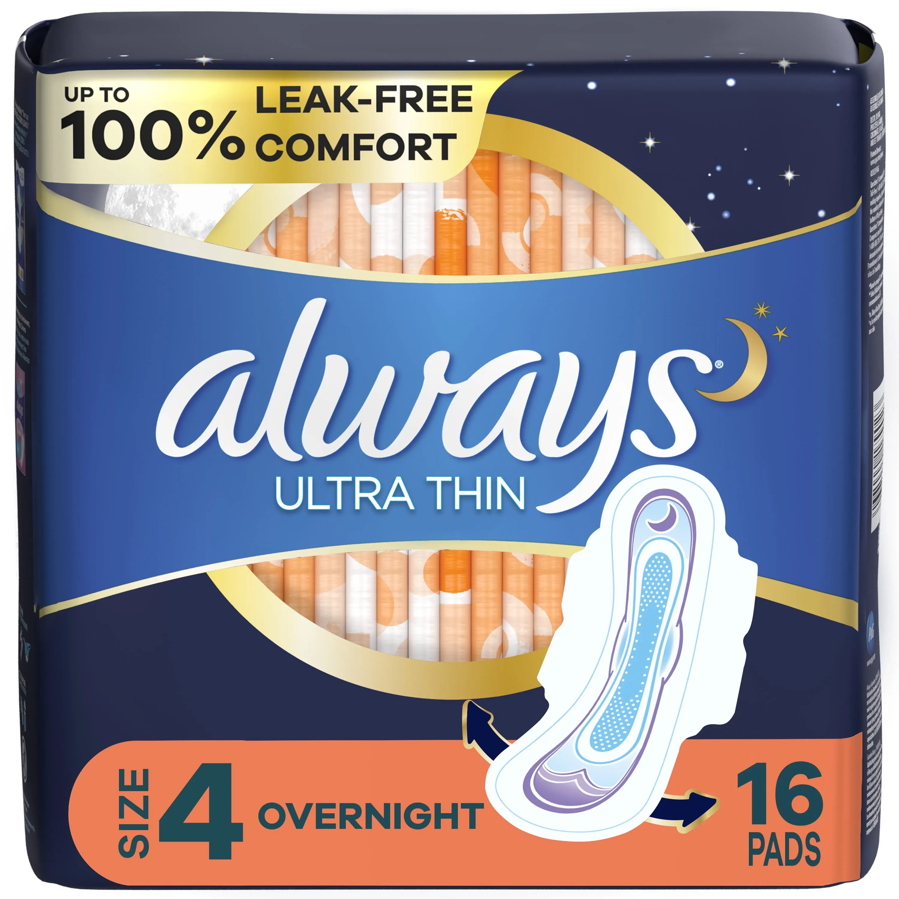 Always Ultra Thin Overnight Pads with Wings, Size 4, Overnight Absorbency, 16 CT