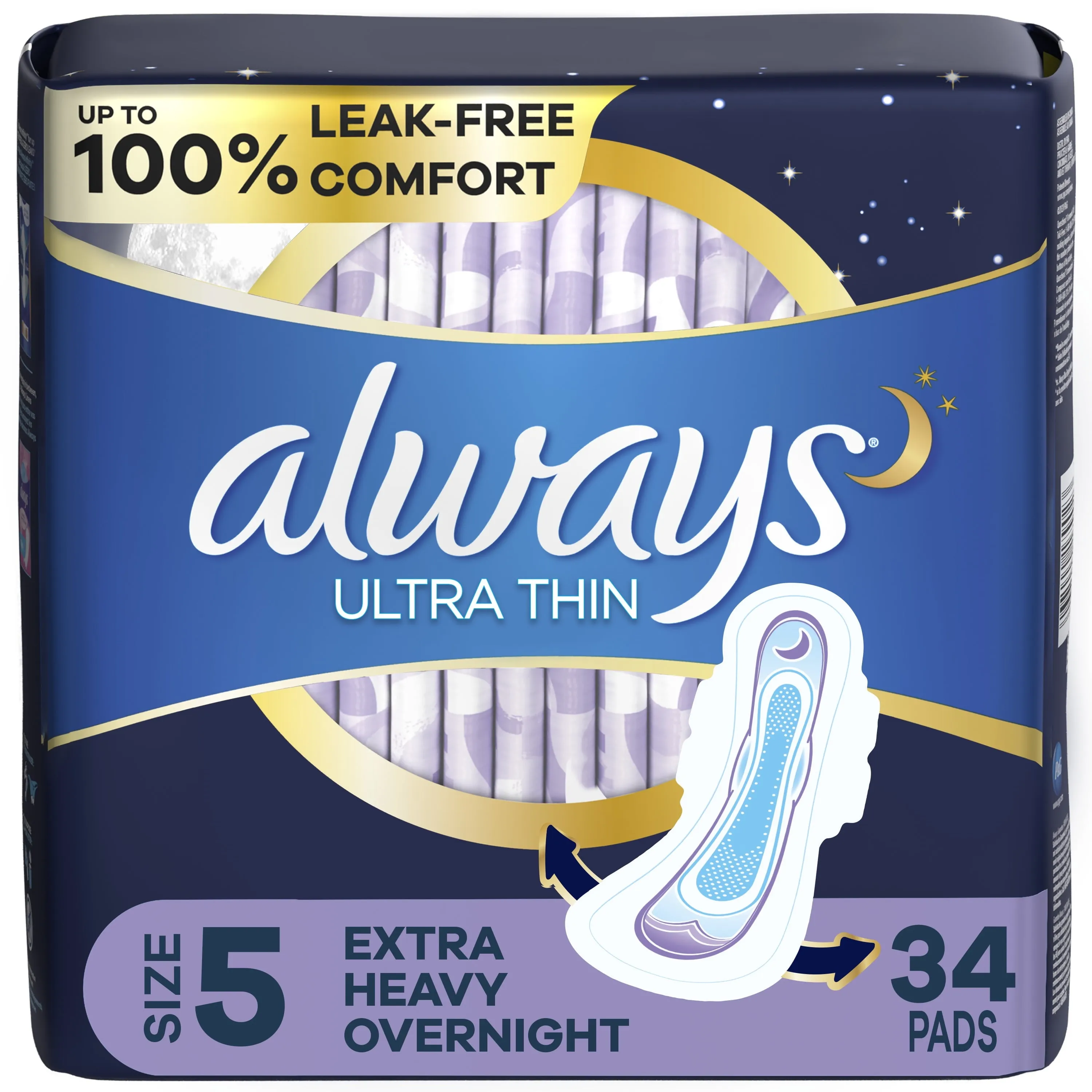 Always Ultra Thin Overnight Pads with Wings, Size 5, Extra Heavy Overnight Absorbency, 34 Count