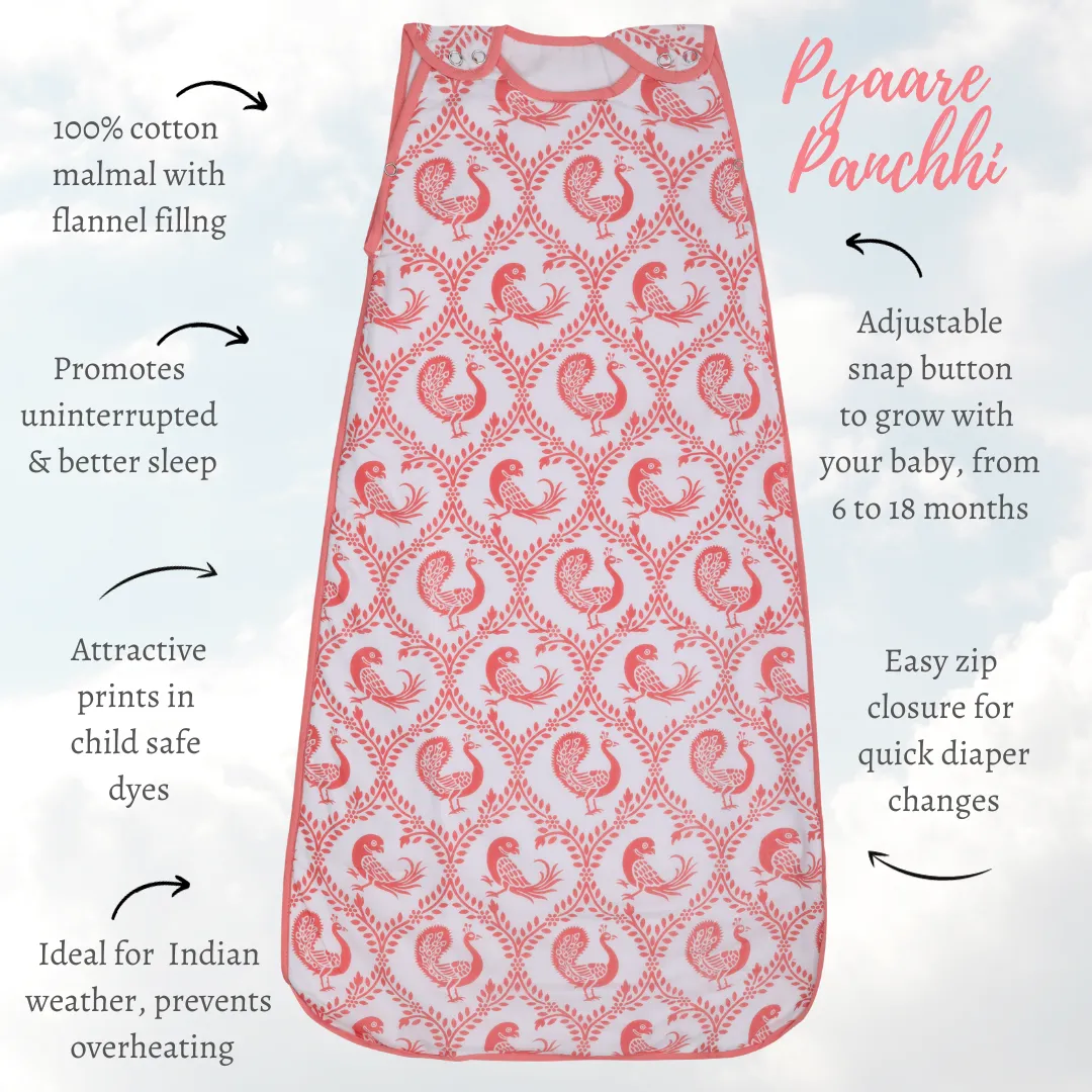 Baby Sleeping Bag | Cotton Malmal | Pyaare Panchhi Pink