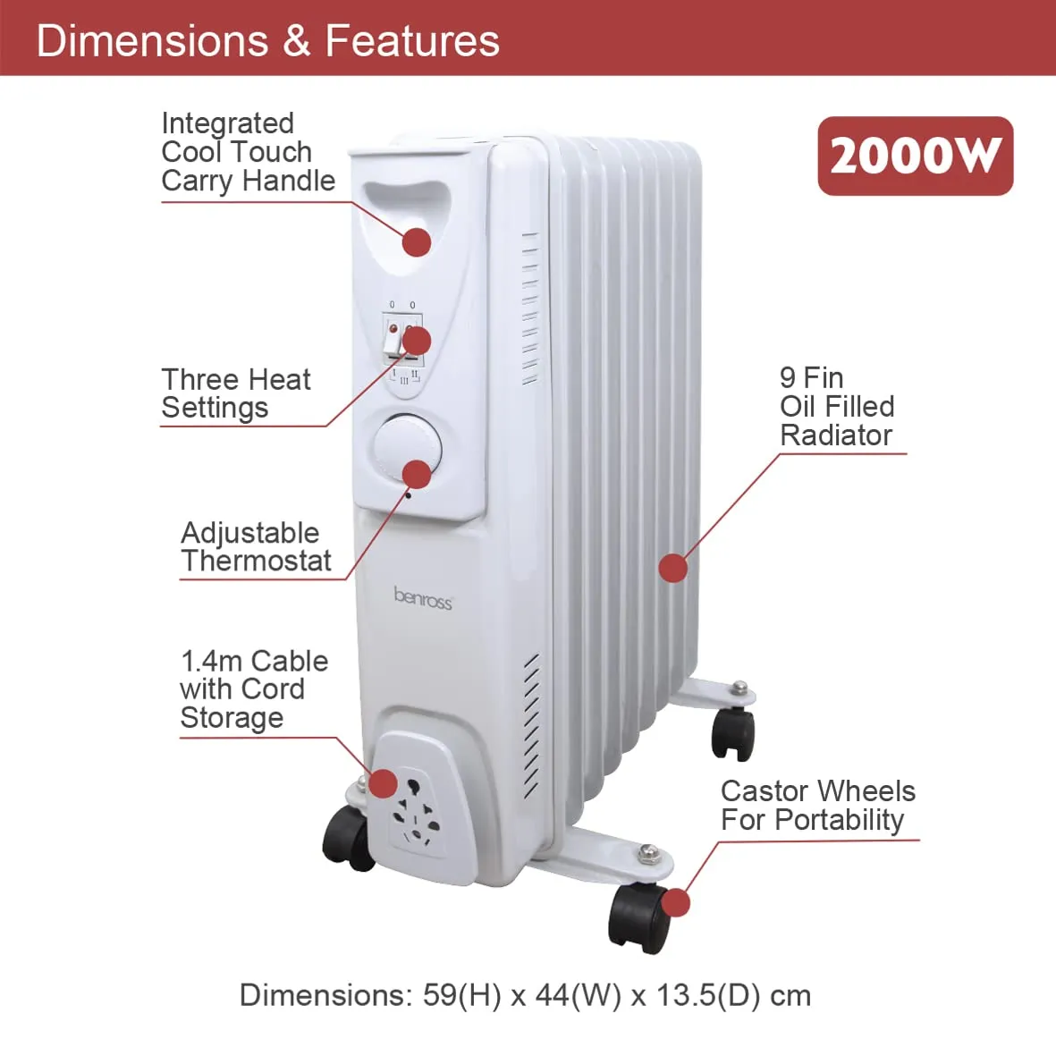 Benross 41960 Portable 9 Fin Oil Filled Radiator/Adjustable Thermostat/Automatic Overheat Protection/Cool Touch Carry Handle / 2000W / White