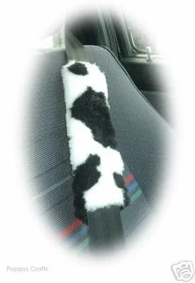 Black and White Cow print fuzzy Car Steering wheel cover & matching faux fur seatbelt pad set