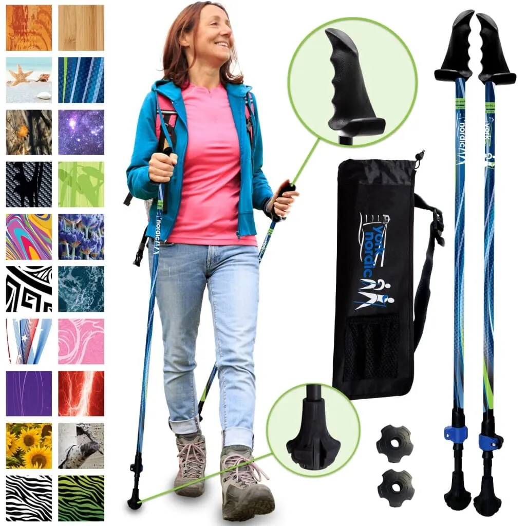 Blue Breeze Hiking & Walking Poles w-flip locks, detachable feet and travel bag - pair - For Heights up to 6’2”