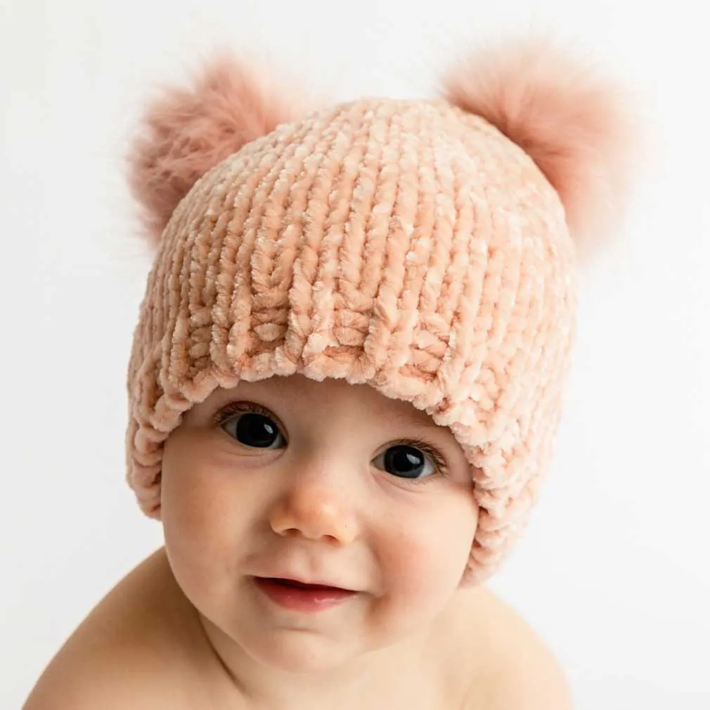 Chenille Double Pom Beanie Hat - Champagne by Huggalugs