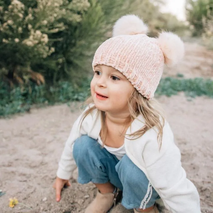 Chenille Double Pom Beanie Hat - Champagne by Huggalugs