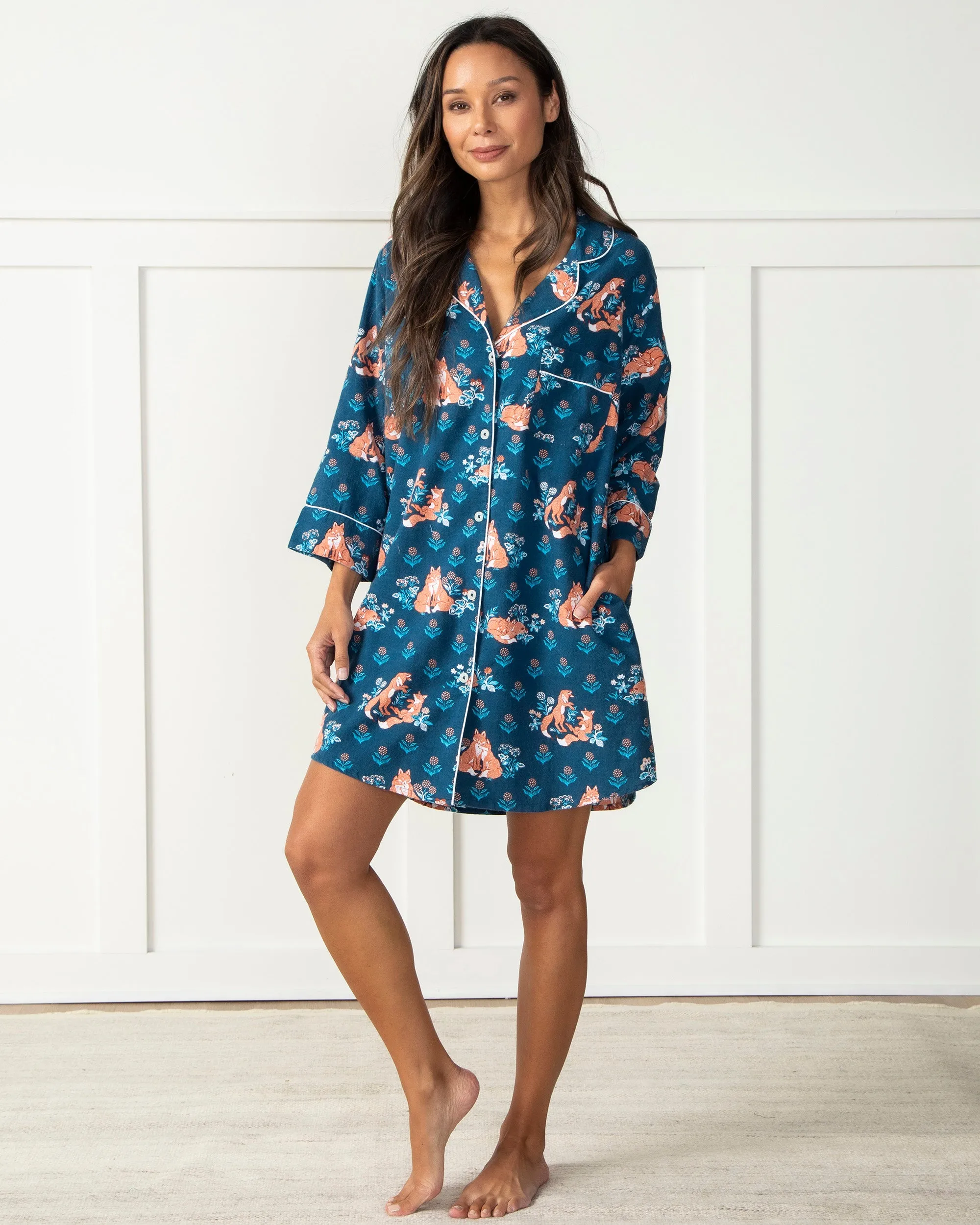 Fox Friends - Flannel Sleep Shirt - Time for Bed Blue
