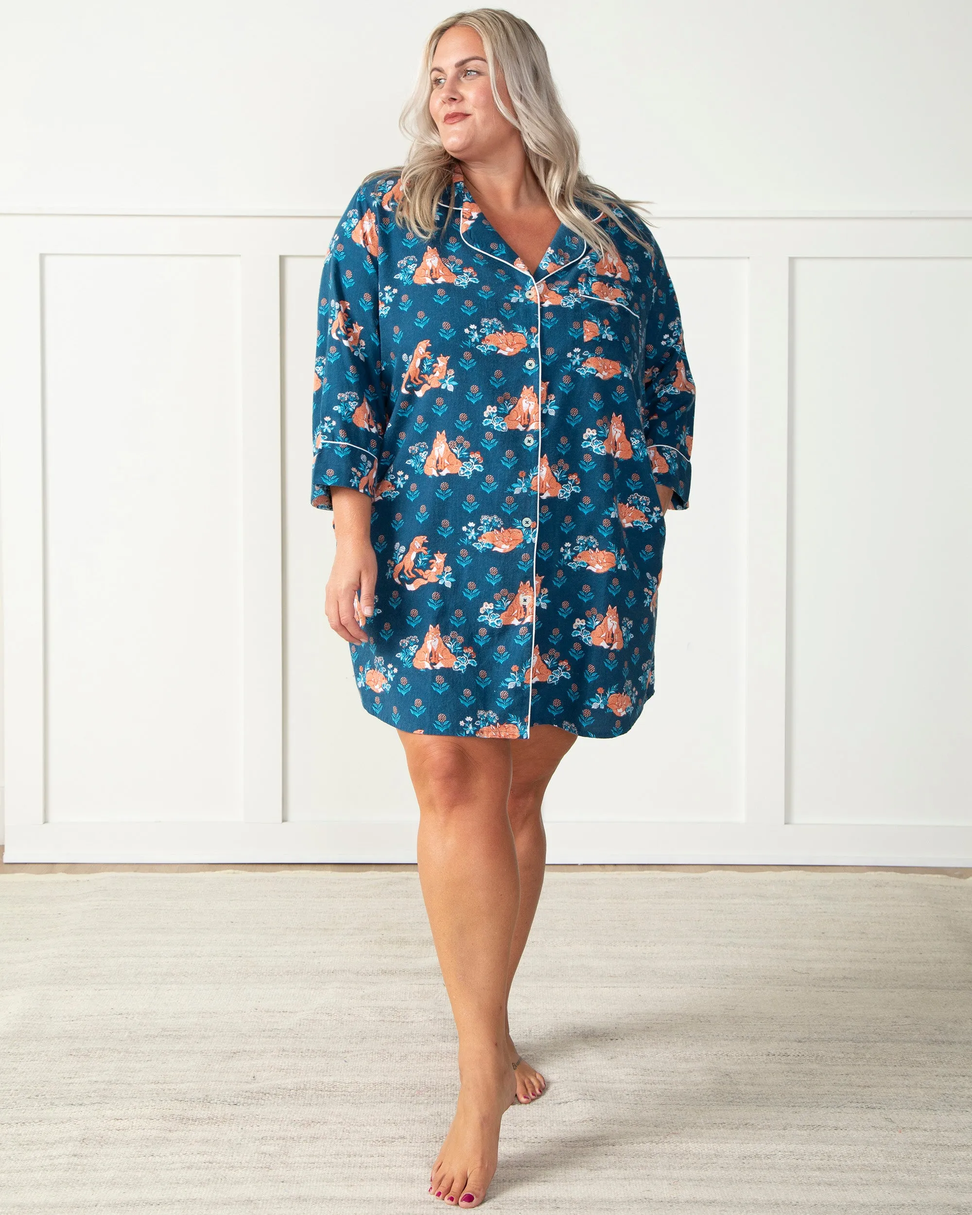 Fox Friends - Flannel Sleep Shirt - Time for Bed Blue