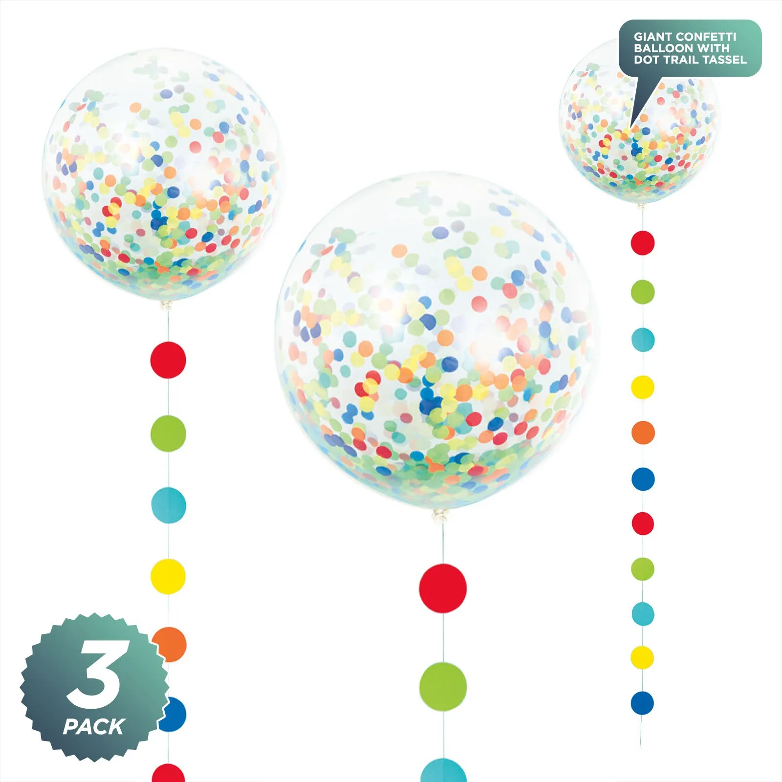 Giant Rainbow Dot Confetti Balloon With Dot Tail Tassel, 24" (Set of 3 Balloons)