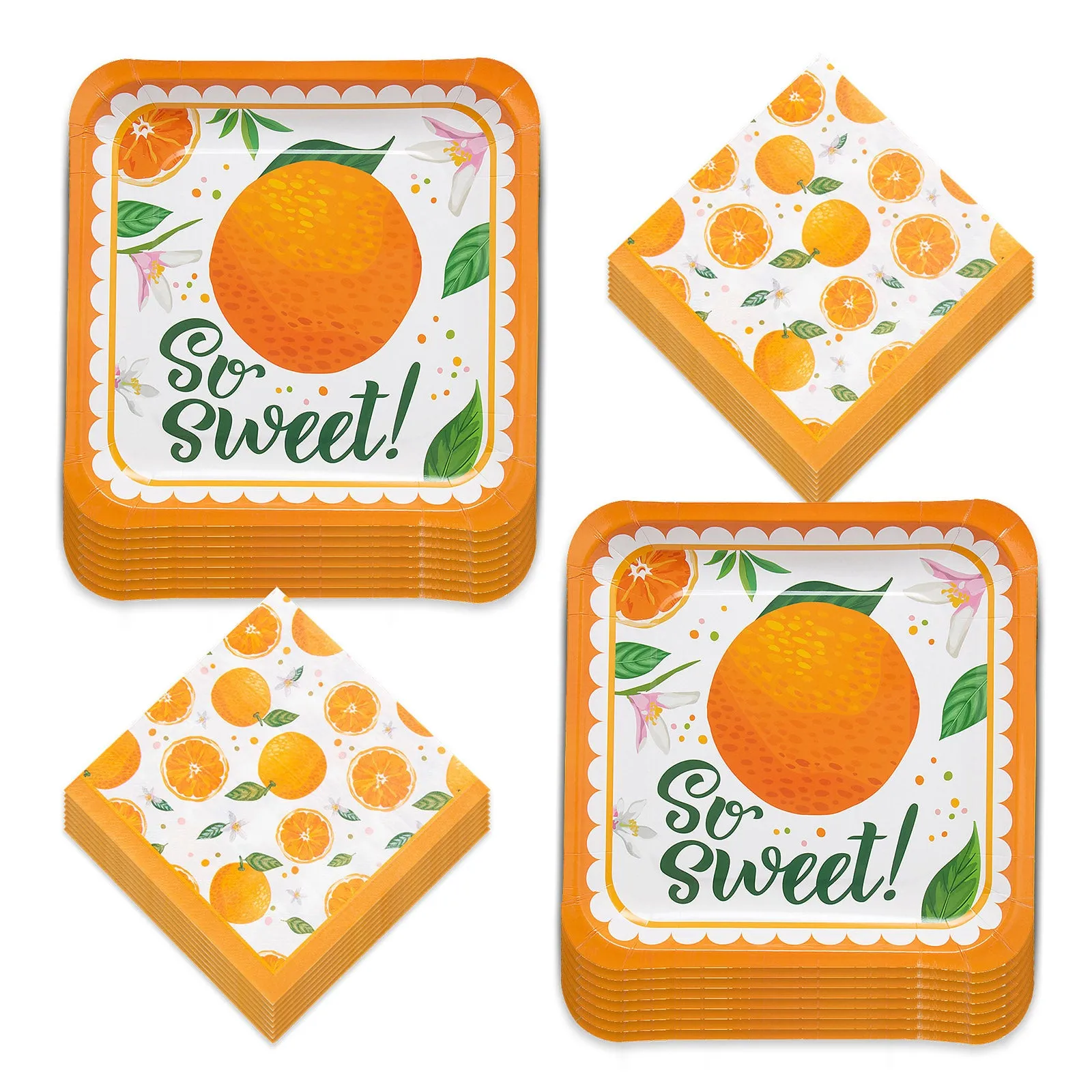 Little Cutie Party Clementine Orange Citrus Paper Dinner Plates and Napkins (Serves 16)