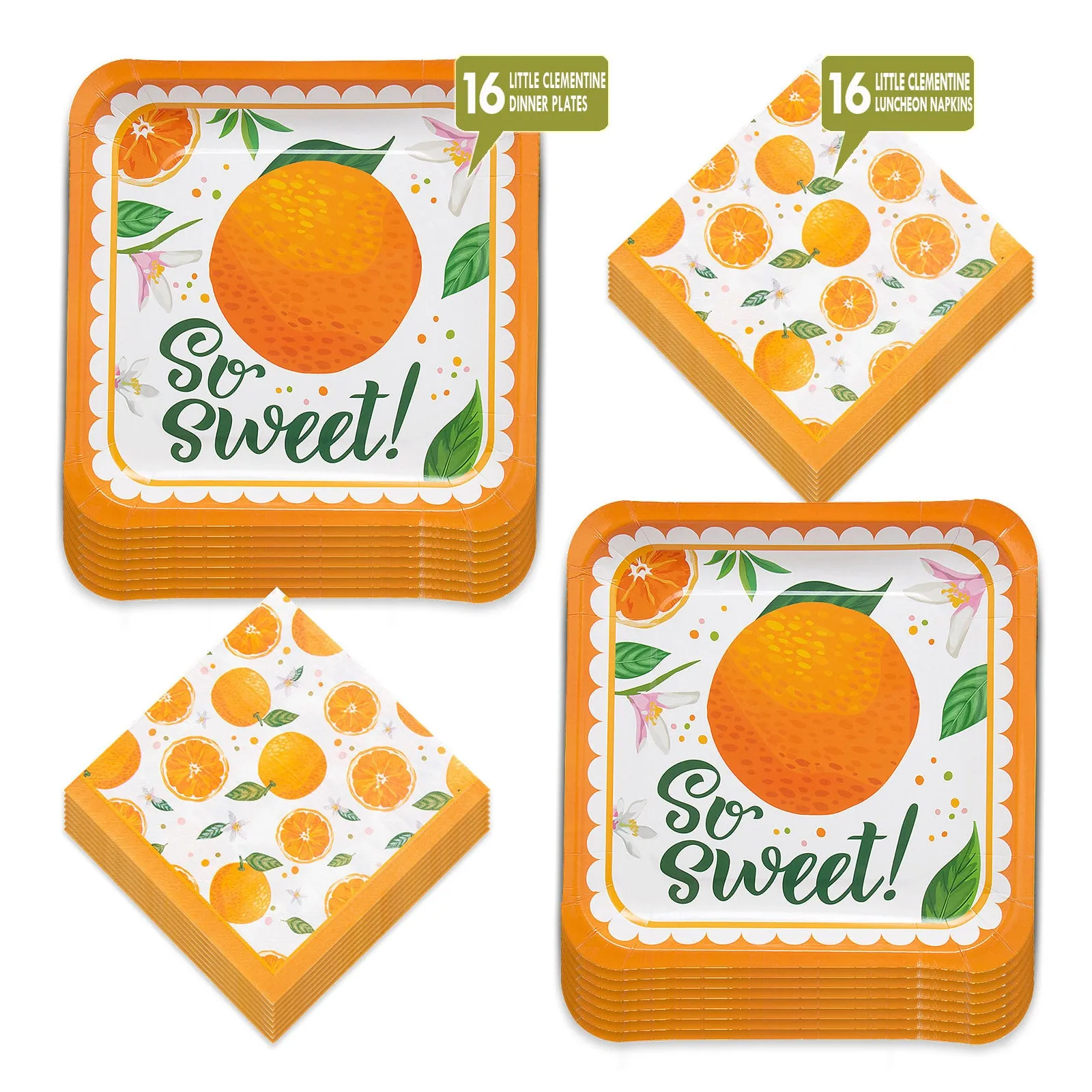 Little Cutie Party Clementine Orange Citrus Paper Dinner Plates and Napkins (Serves 16)