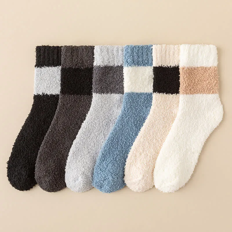 Men's Wide Stripes Fuzzy Coral Fleece Sleep Crew Socks