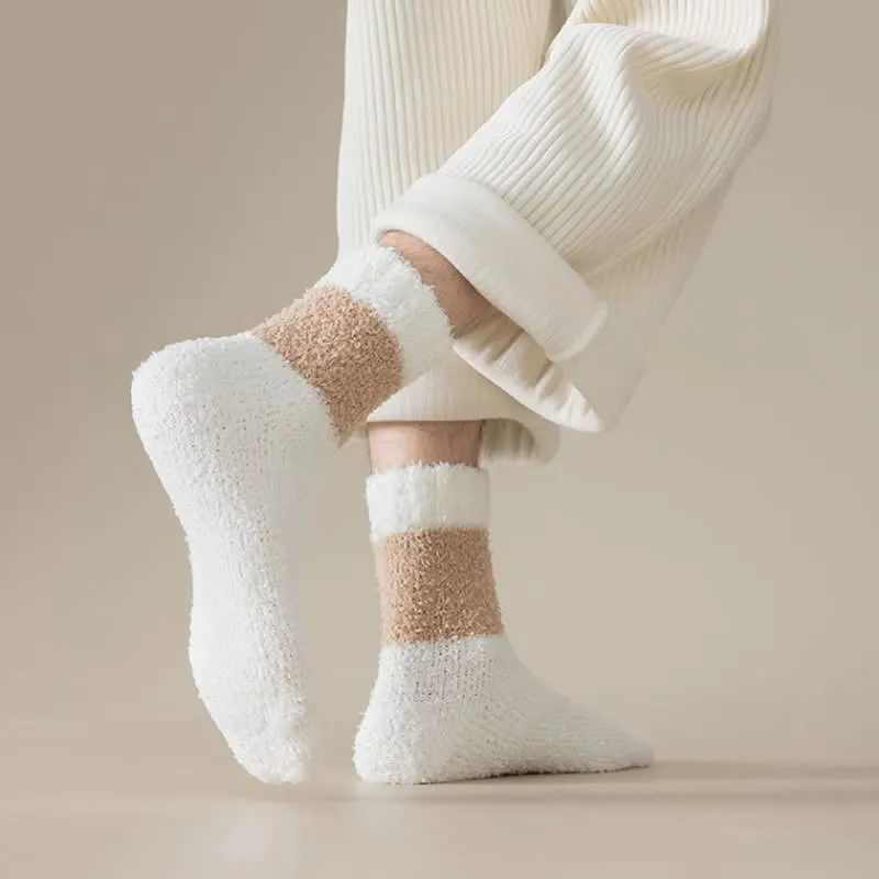 Men's Wide Stripes Fuzzy Coral Fleece Sleep Crew Socks