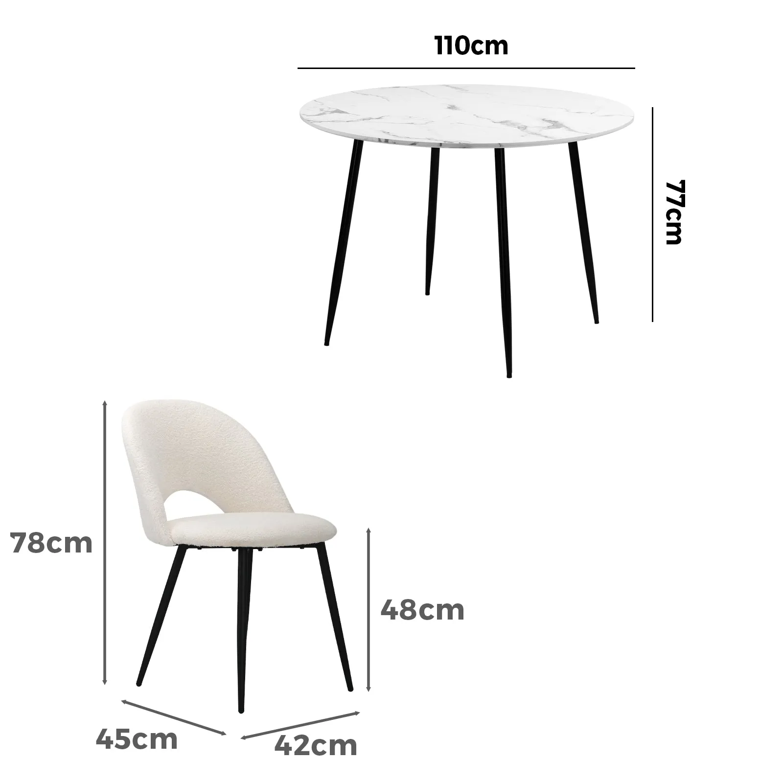 Oikiture 110cm Round Dining Table with 4PCS Dining Chairs White Sherpa