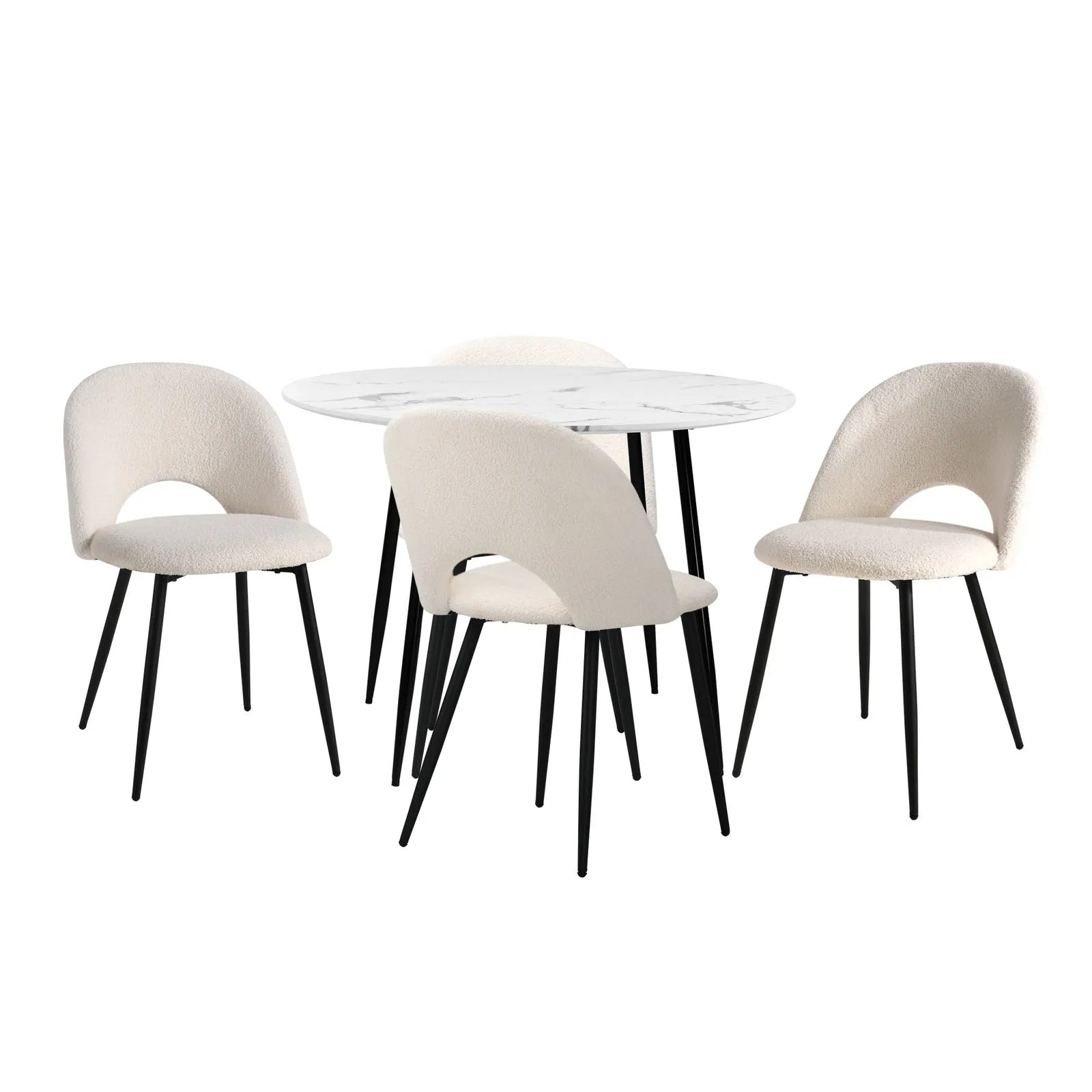 Oikiture 110cm Round Dining Table with 4PCS Dining Chairs White Sherpa
