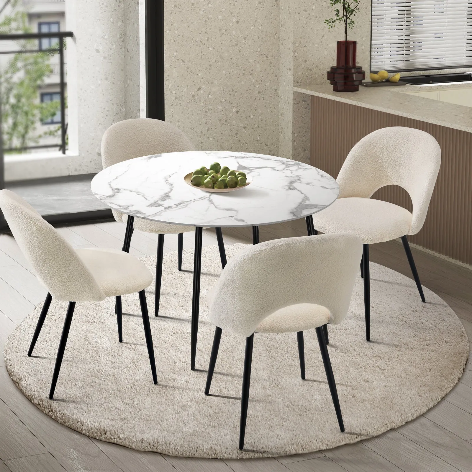 Oikiture 110cm Round Dining Table with 4PCS Dining Chairs White Sherpa