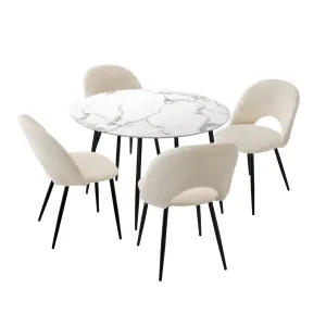 Oikiture 110cm Round Dining Table with 4PCS Dining Chairs White Sherpa