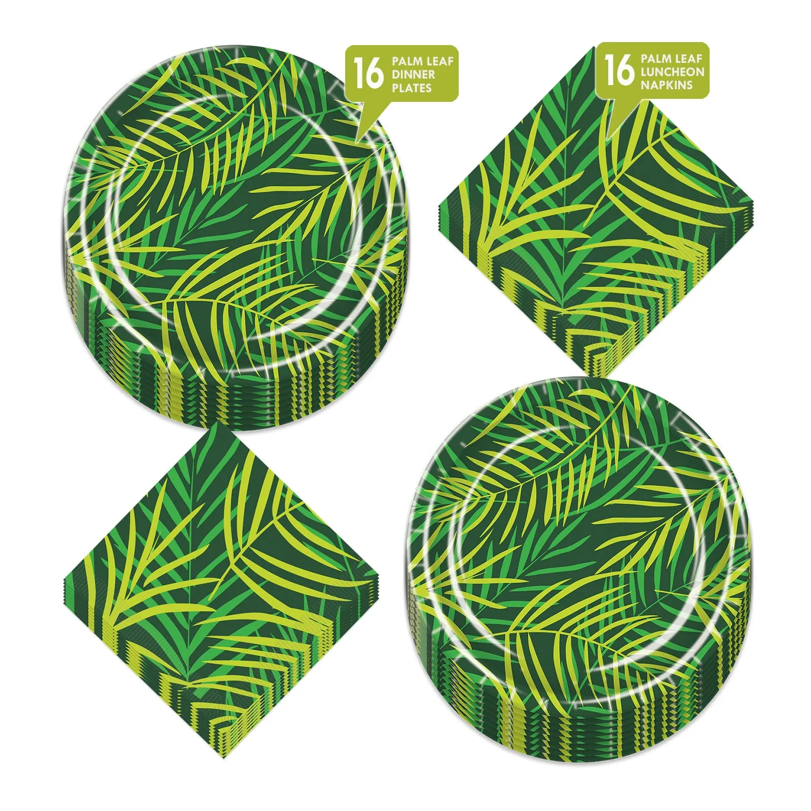 Palm Leaf Jungle and Luau Party Paper Dinner Plates and Lunch Napkins (Serves 16)