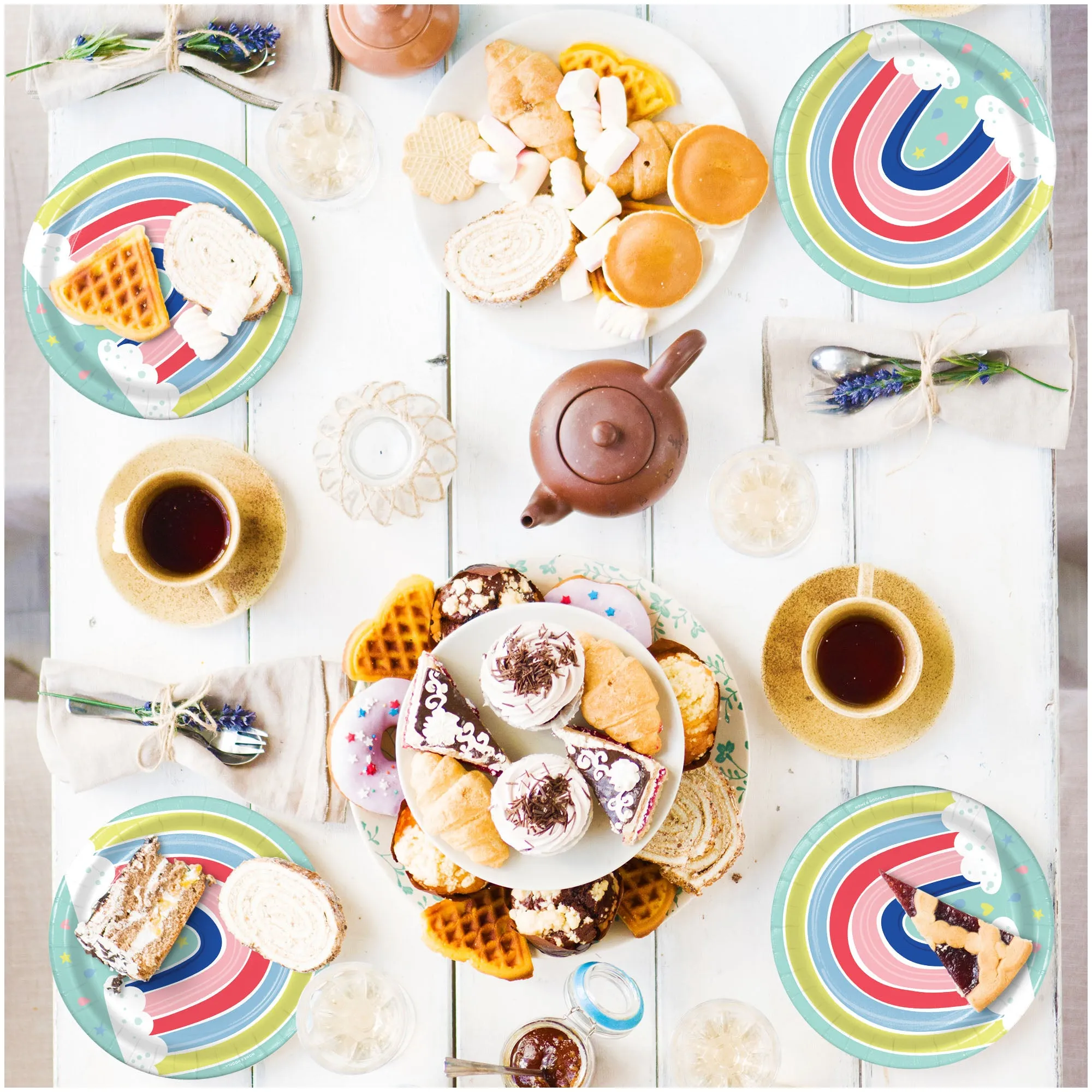 Rainbow Party Supplies - Rainbow Art Round Paper Dessert Plates for 16 Guests