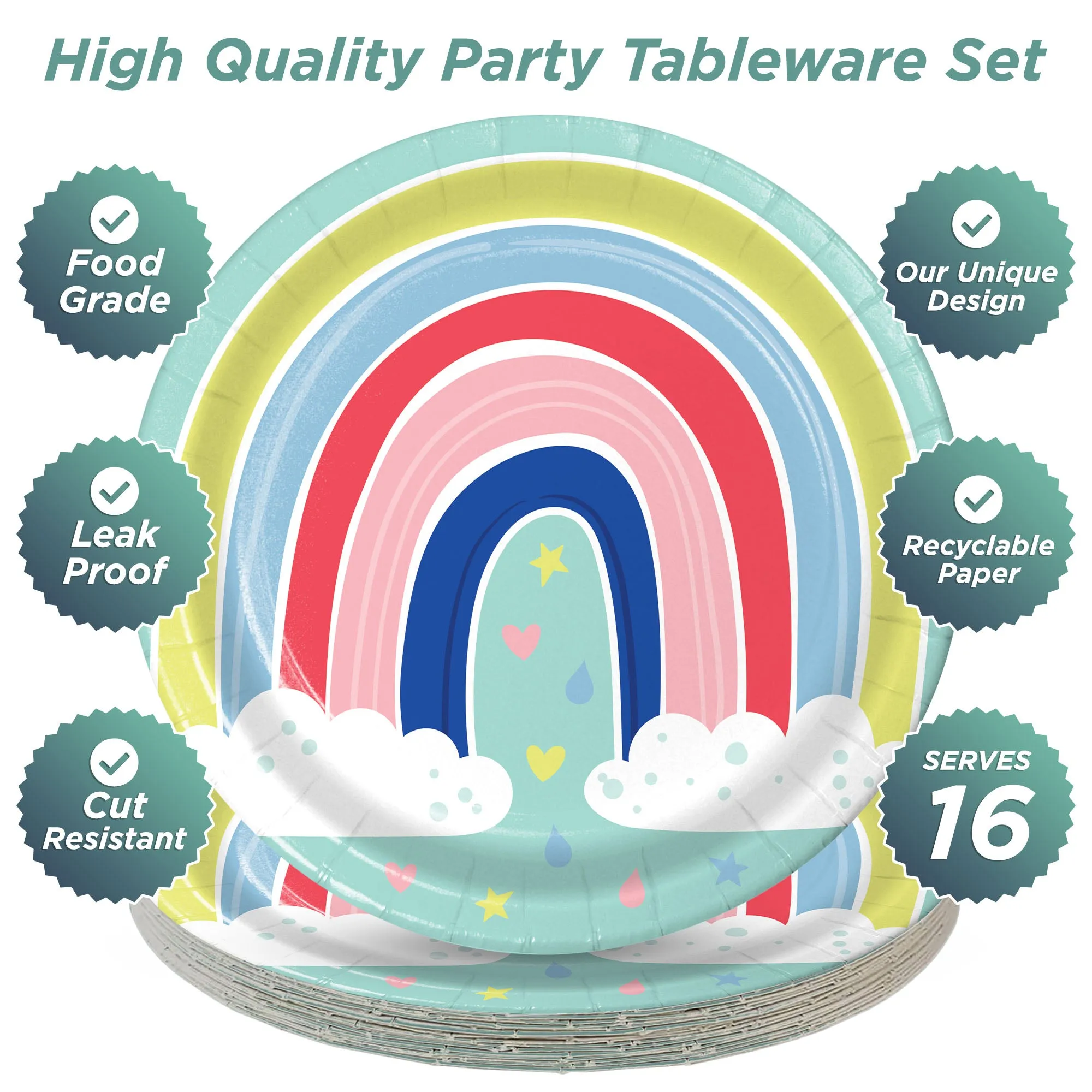 Rainbow Party Supplies - Rainbow Art Round Paper Dessert Plates for 16 Guests