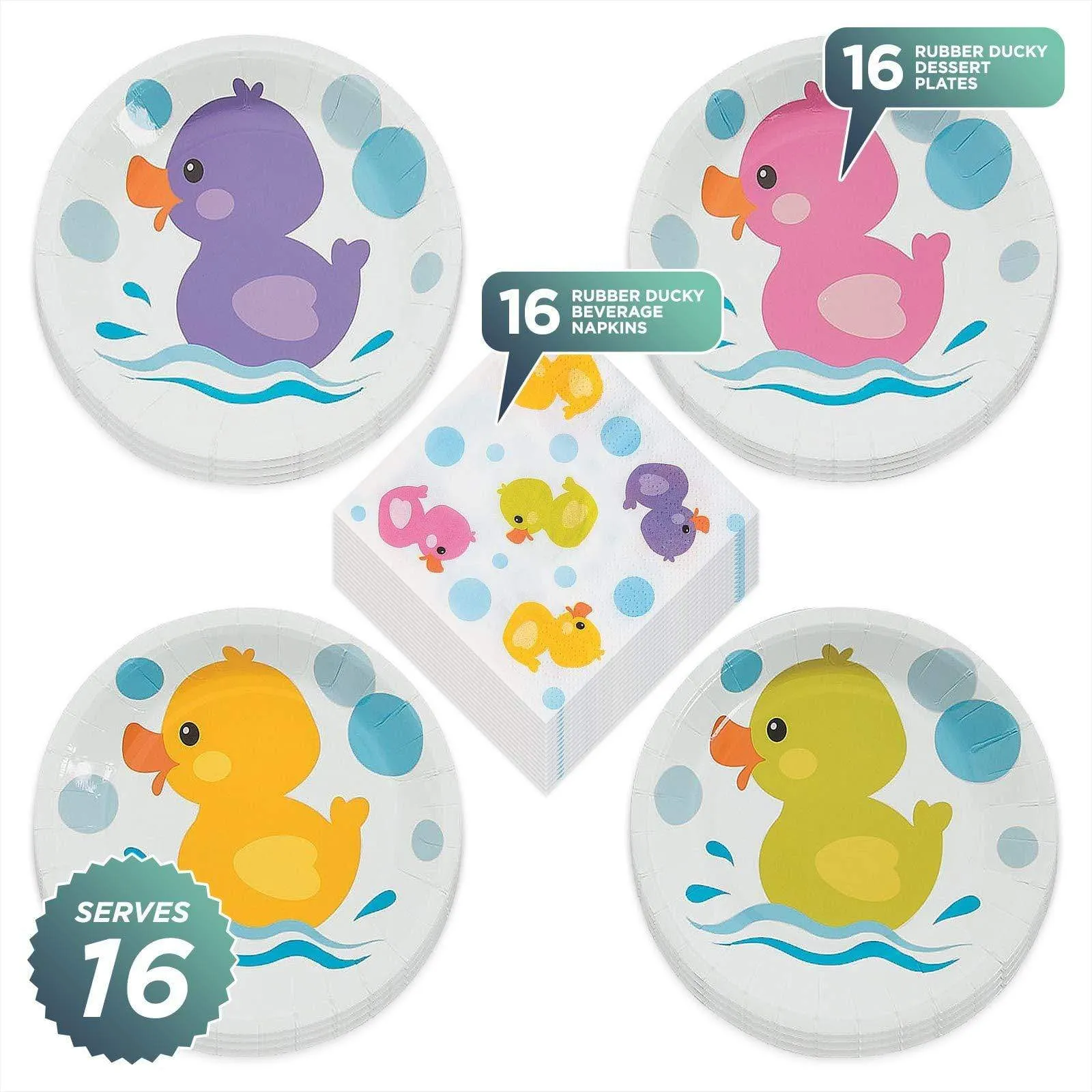 Rubber Ducky Colorful Duck Paper Dessert Plates and Beverage Napkins (Serves 16)