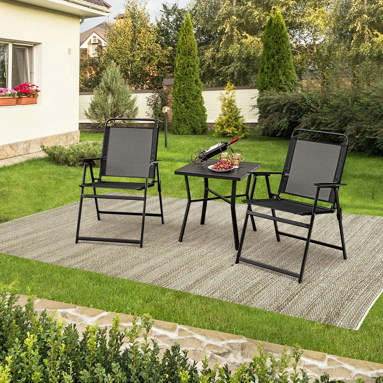Tangkula Outdoor Folding Chairs Set of 2, Patio Dining Chairs with Breathable Seat & Cozy Armrests