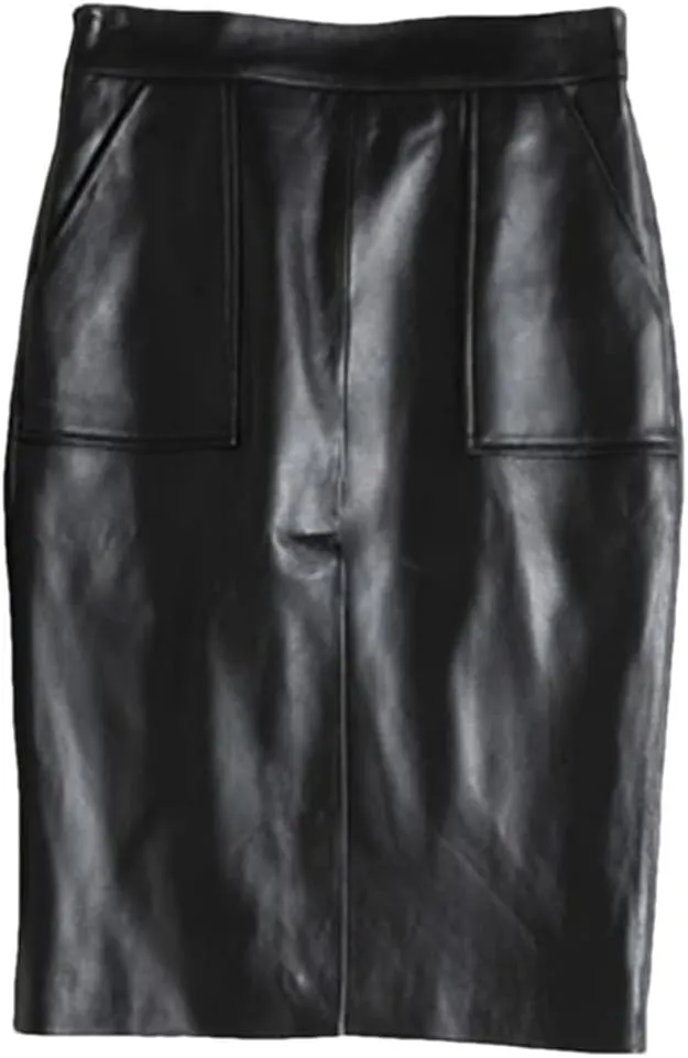 Women Commuting Leather Skirt Front Split Wrap Midi Skirt High Waist Solid Knee-Length A-Line Skirt